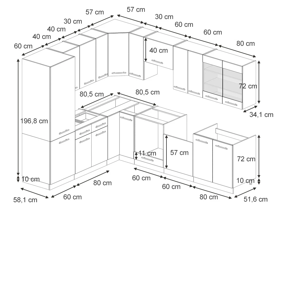 Ugaona kuhinja u boji Dunkelblau Hochglanz/Weiß na bijeloj pozadini