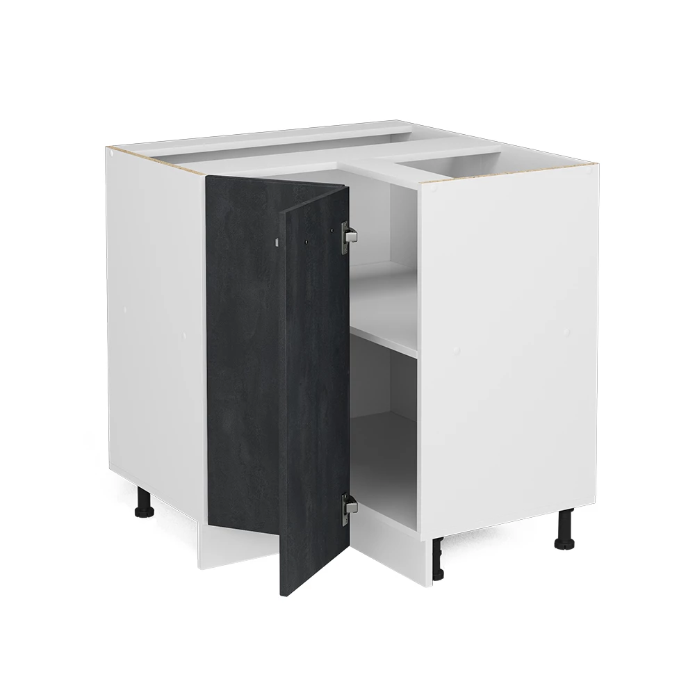 Nahaufnahme von Eckunterschrank in Schwarz Beton, zeigt Textur/Details