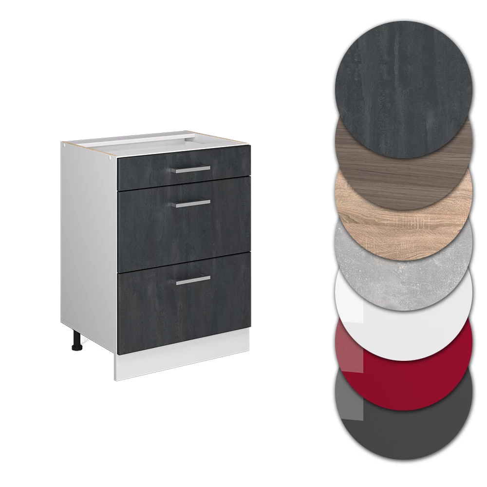 Nahaufnahme von Schubladenschrank in Schwarz Beton, zeigt Design- und Oberflächendetails