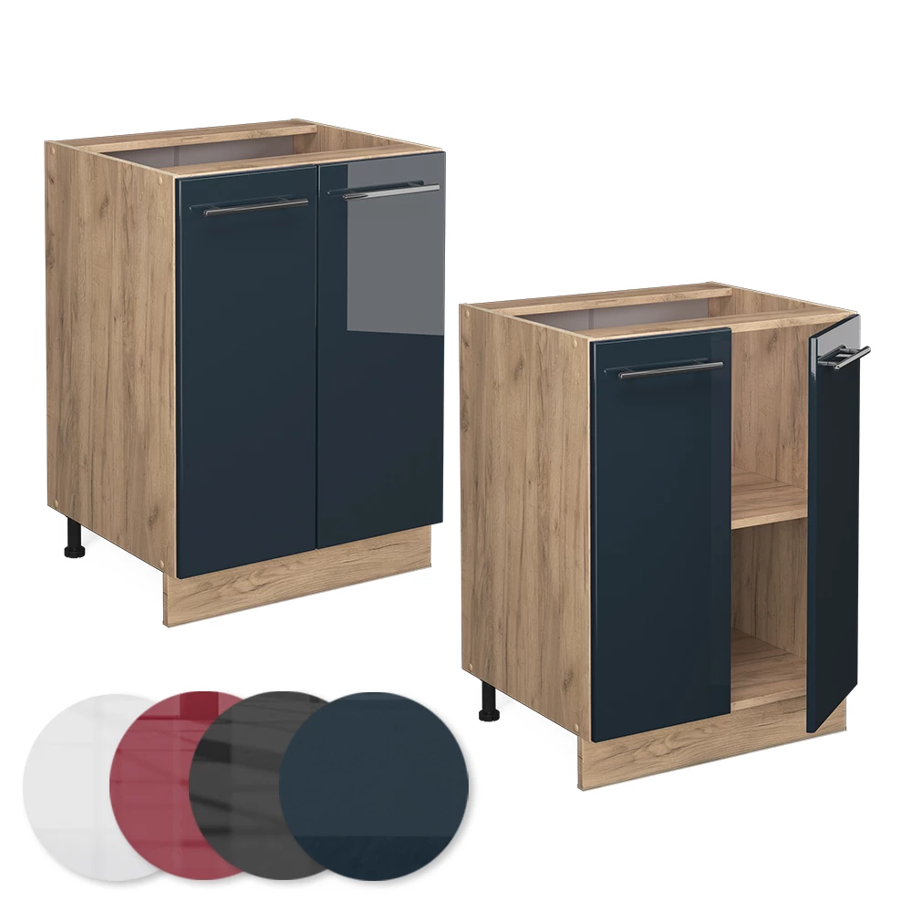 Nahaufnahme von Unterschrank  in Dunkelblau Hochglanz, zeigt Design- und Oberflächendetails