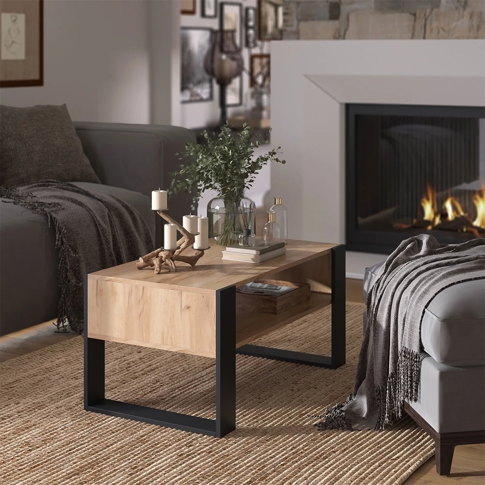 livinity® Couchtisch Goldkraft Eiche 92 x 52,4 cm mit Ablage, Olli