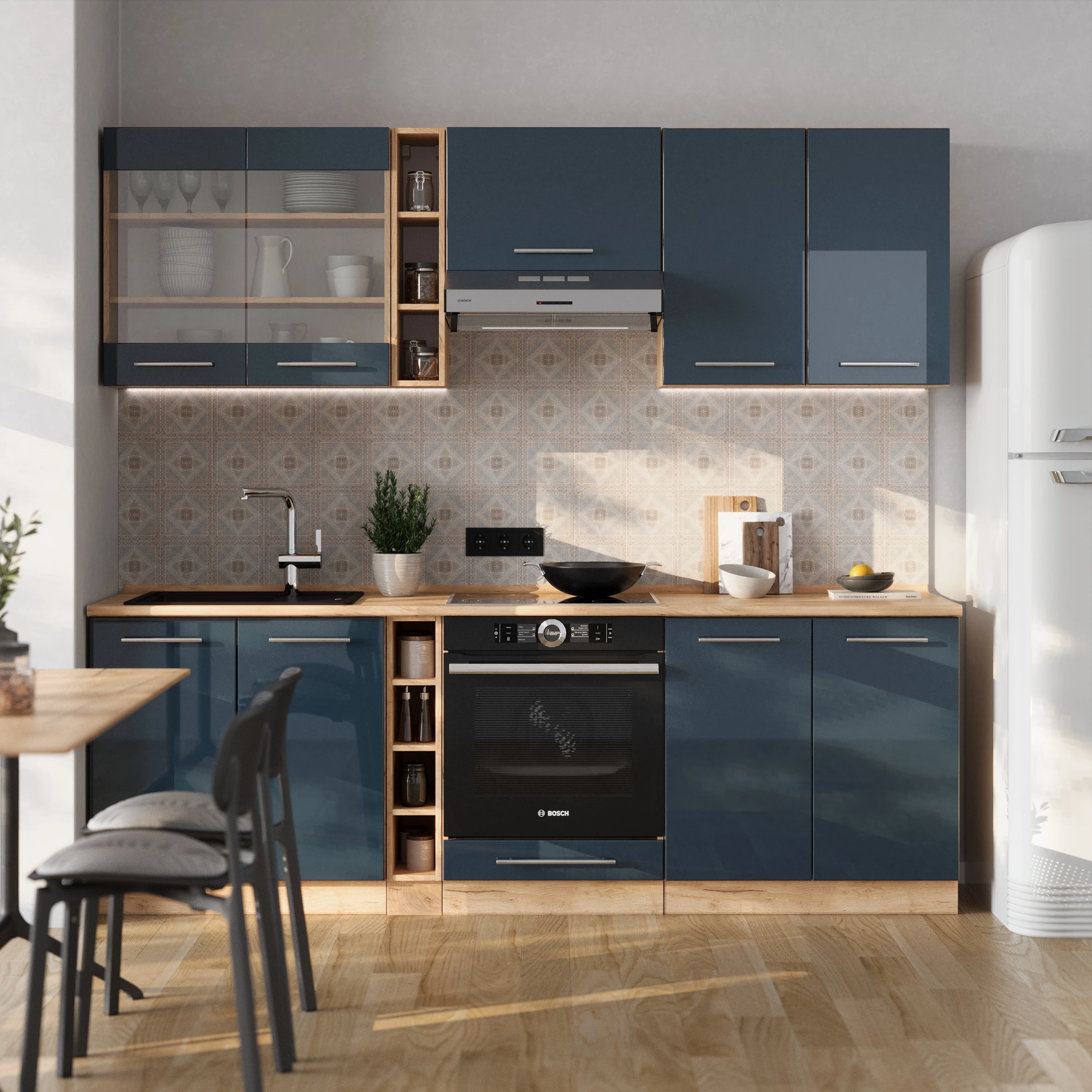 Vicco Kitchenette Albastru închis lucios/stejar Goldkraft 235cm, Fame-Line