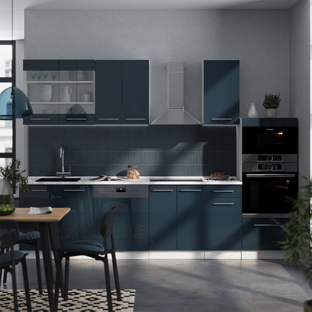 Vicco Complete keukeneenheid Donkerblauw hoogglans/wit 300 cm met hoge kast, WB Eik, Fame-Line