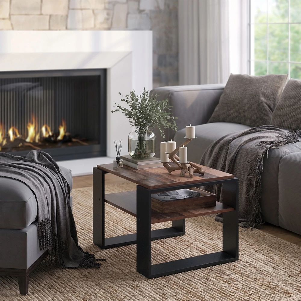 Coffee table in Antique wood on white background with decorative elements