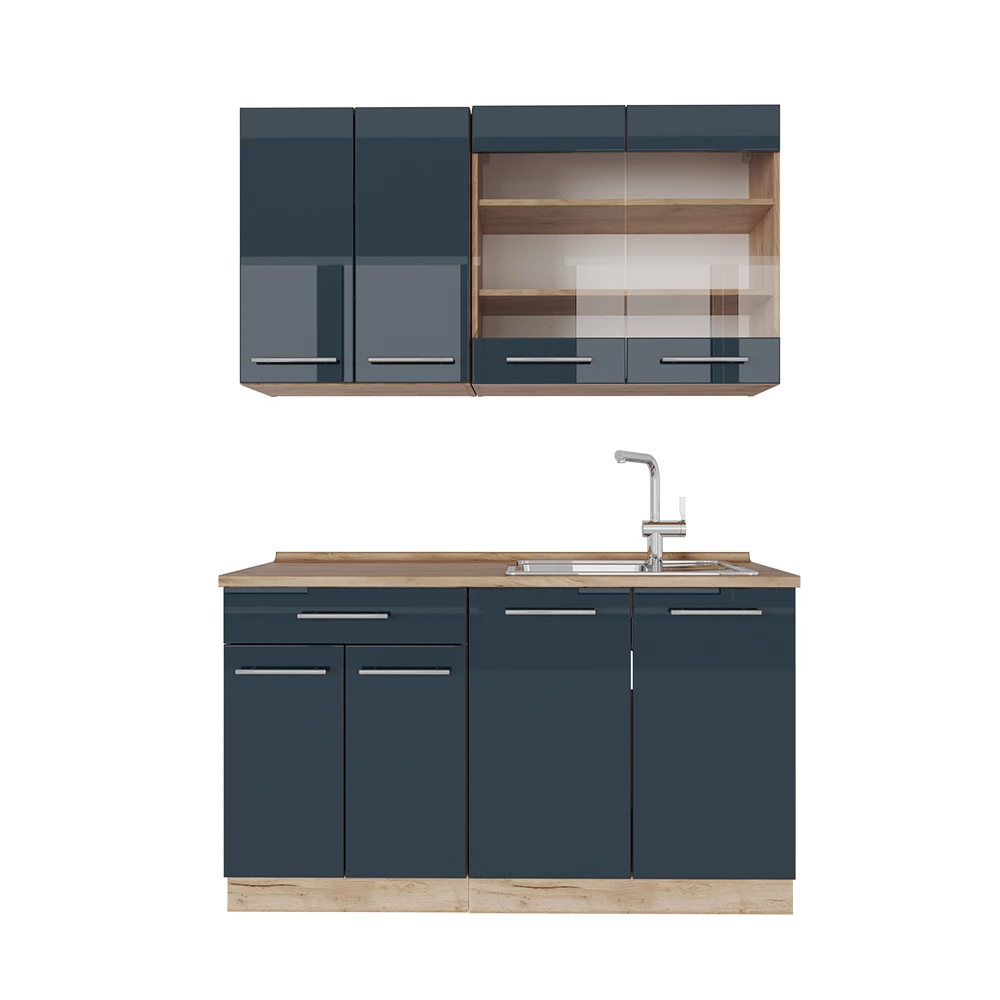 Vicco Jednolôžková kuchyňa Tmavomodrá vysoký lesk/dub Goldkraft 140 cm , AP Oak, Fame-Line