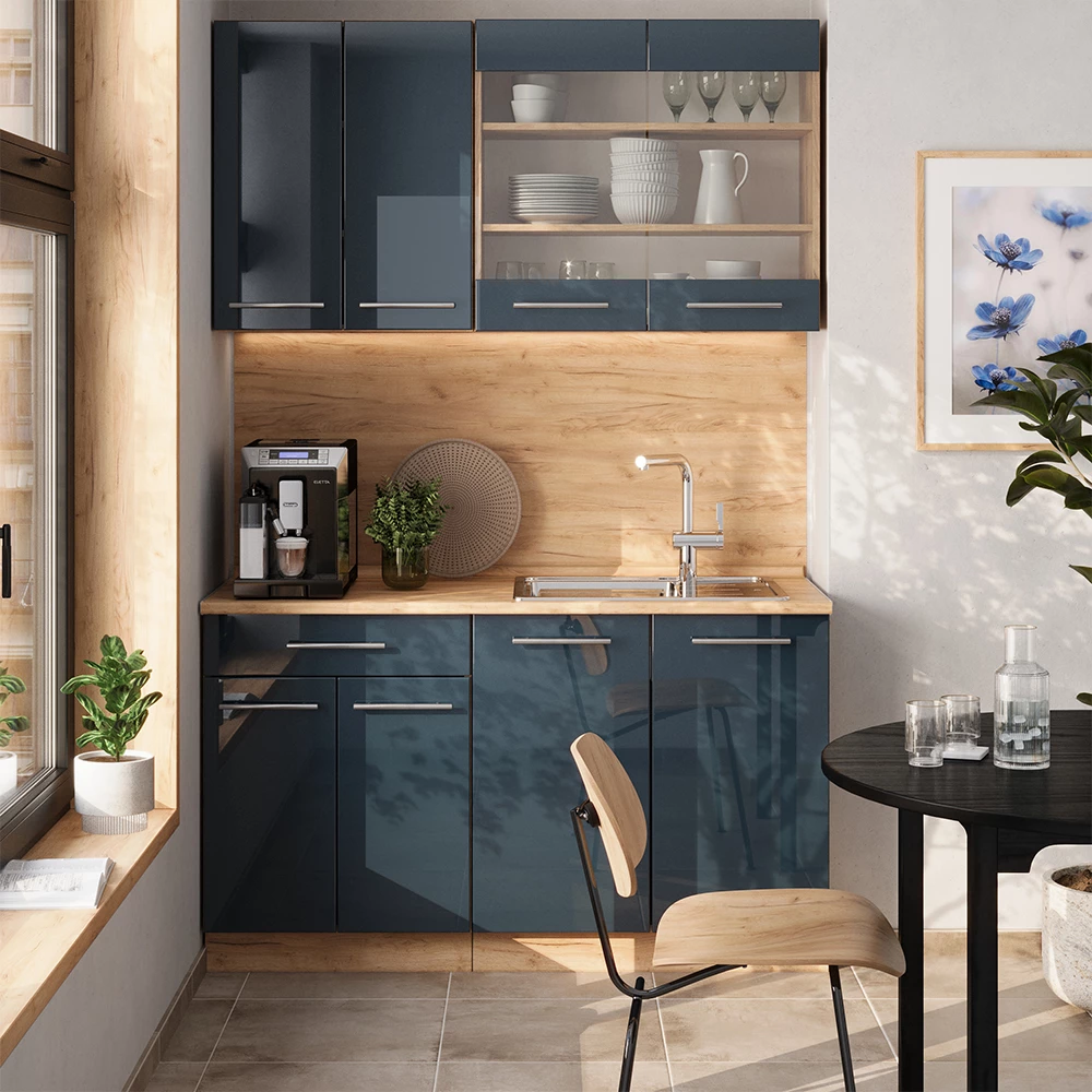 Vicco Jednolôžková kuchyňa Tmavomodrá vysoký lesk/dub Goldkraft 140 cm , AP Oak, Fame-Line