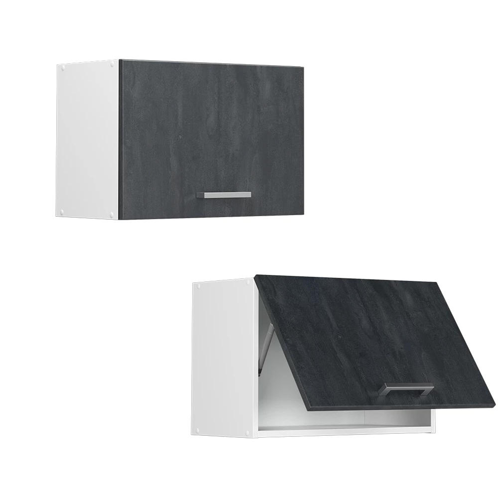 Nahaufnahme von Hängeschrank in Schwarz Beton, zeigt Textur/Details