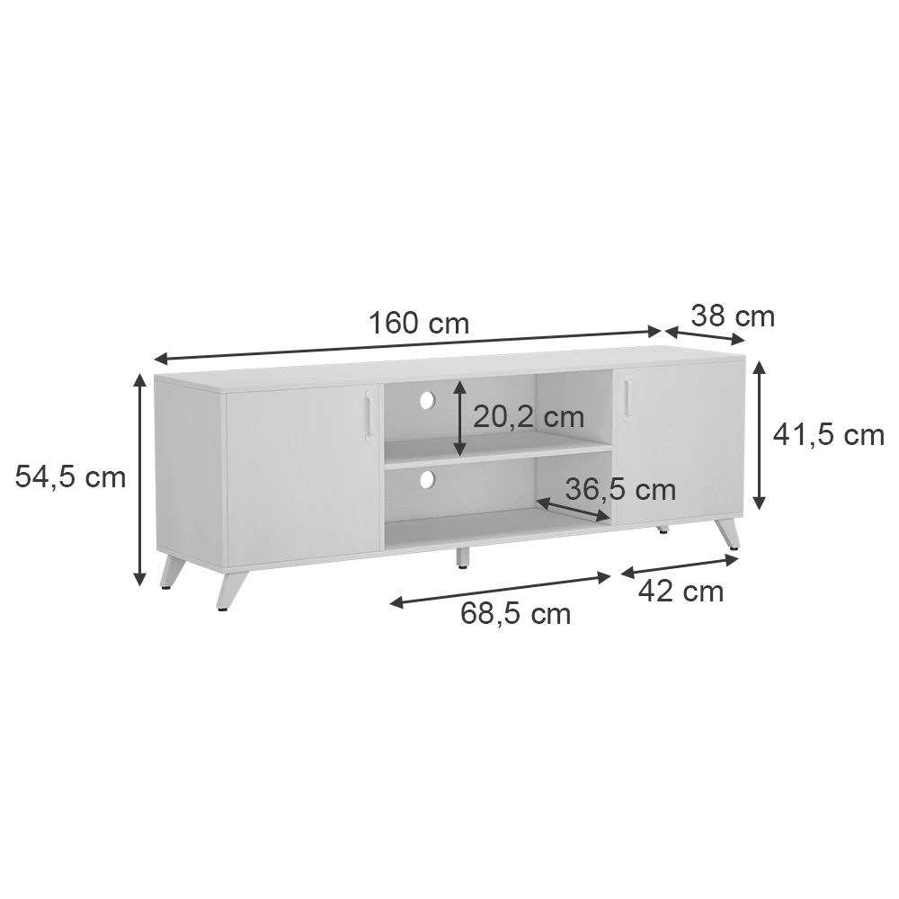 Lowboard in Weiß auf weißem Hintergrund mit sichtbaren Maßen