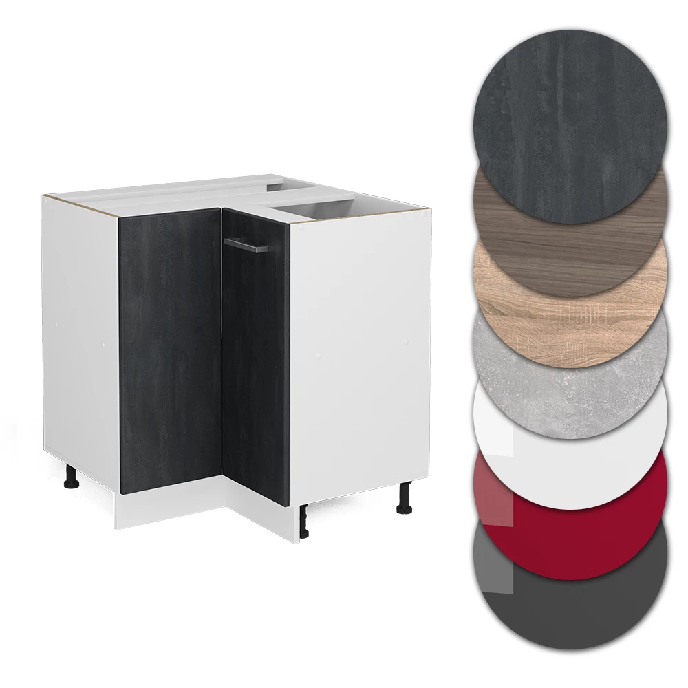 Nahaufnahme von Eckunterschrank in Schwarz Beton, zeigt Design- und Oberflächendetails