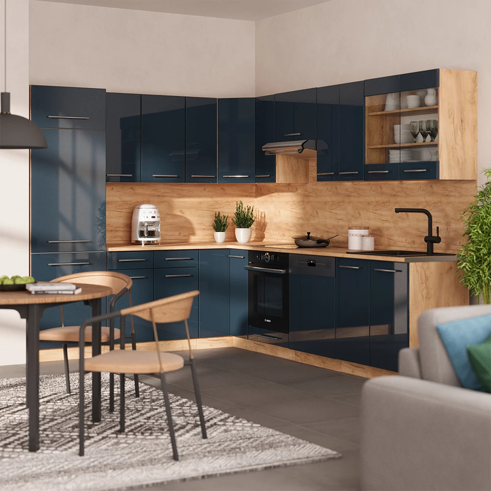 Vicco Küchenschränke Dunkelblau Hochglanz/Goldkraft Eiche 227 x 60 cm ohne Arbeitsplatte, Fame-Line