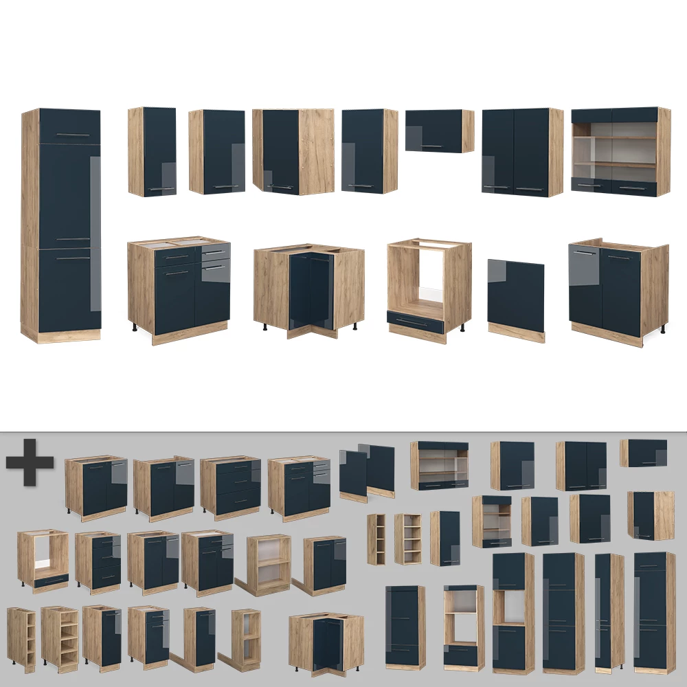 Nahaufnahme von Eckküche in Dunkelblau Hochglanz/Goldkraft Eiche, zeigt Design- und Oberflächendetails