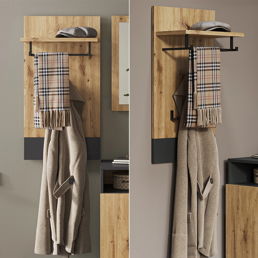 Nahaufnahme von Wandgarderobe in Anthrazit, zeigt Textur/Details