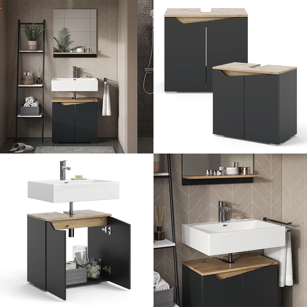 Vicco Waschbeckenunterschrank Anthrazit 60 x 57.5 cm mit 2 Türen, Marelle