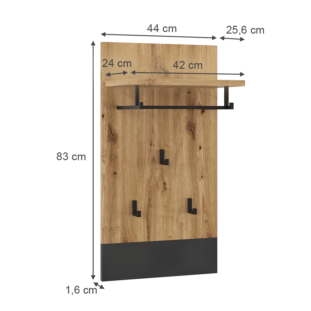 Wandgarderobe in Anthrazit auf weißem Hintergrund mit sichtbaren Maßen