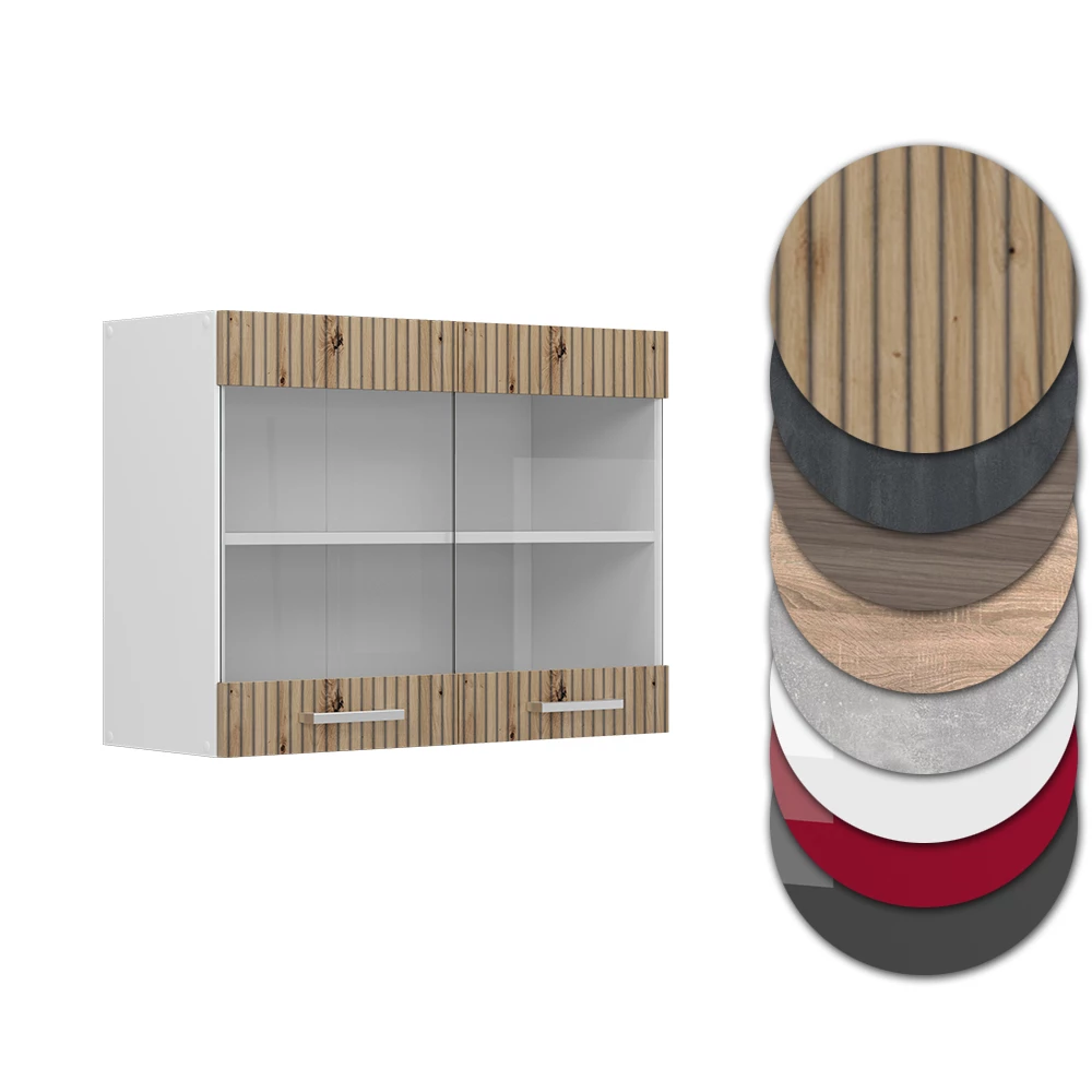 Nahaufnahme von Küchenglasschrank in Artisan-Eiche, zeigt Design- und Oberflächendetails