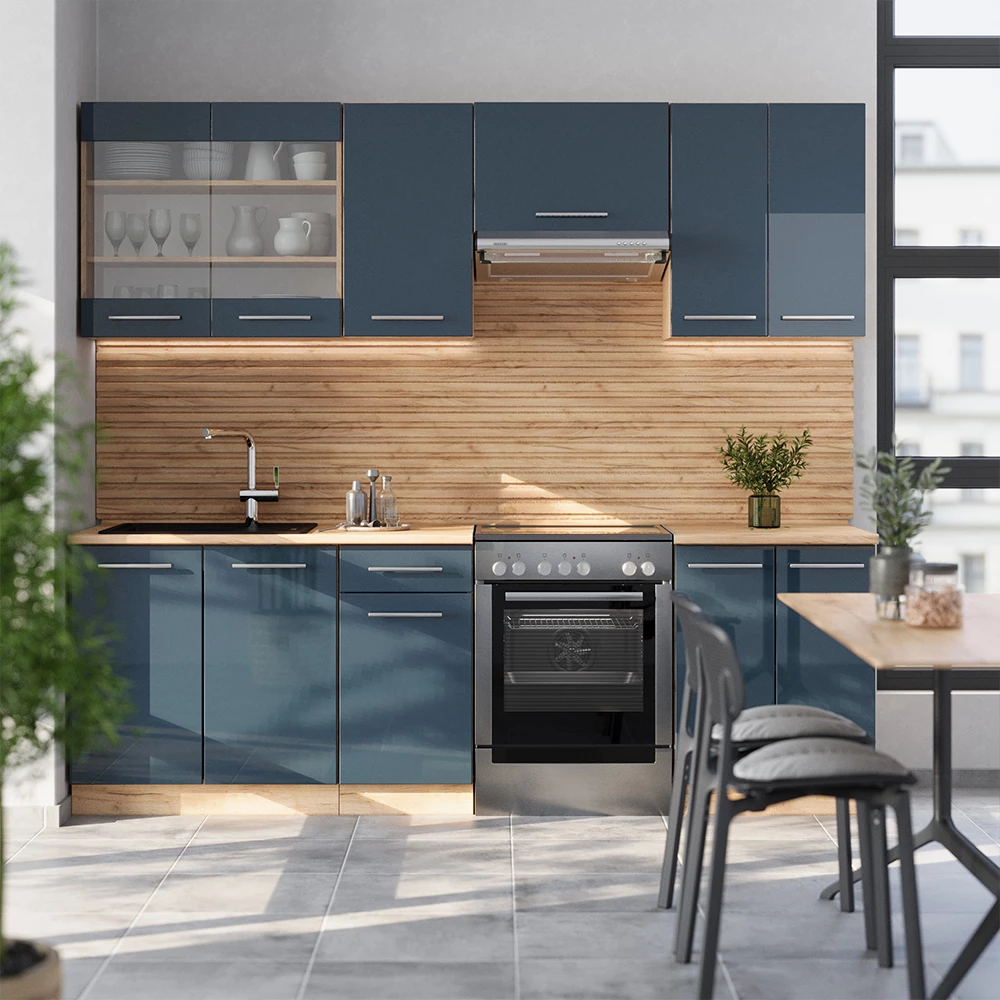 Vicco Kitchenette bleu foncé brillant/chêne doré 240cm sans PT, Fame-Line