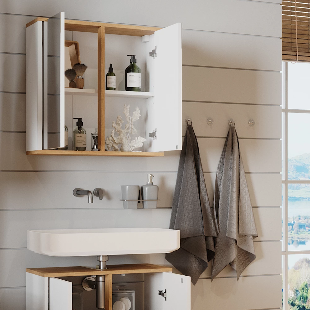 Vicco Badspiegelschrank Weiß/Artisan 60 x 60 cm mit zwei Spiegeltüren, Didi