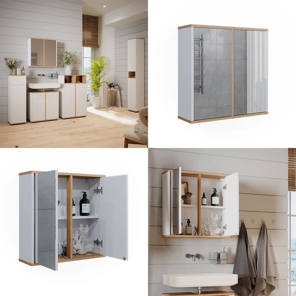 Vicco Badspiegelschrank Weiß/Artisan 60 x 60 cm mit zwei Spiegeltüren, Didi