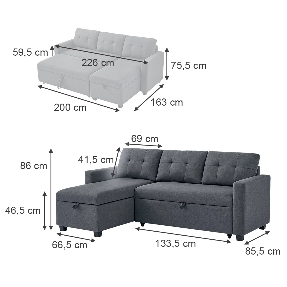 livinity® Sofa L Form Grau 226 x 163 cm mit Schlaffunktion, Campina