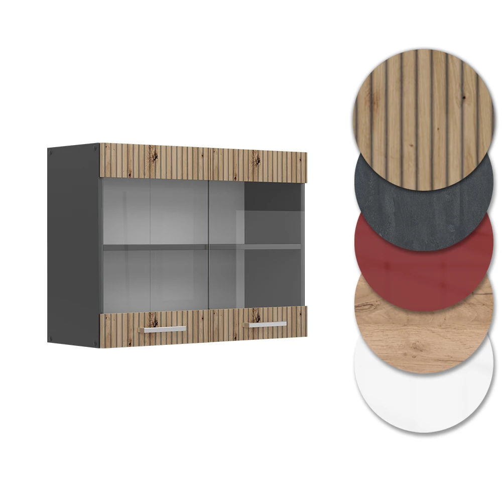Nahaufnahme von Küchenglasschrank in Artisan-Eiche, zeigt Design- und Oberflächendetails