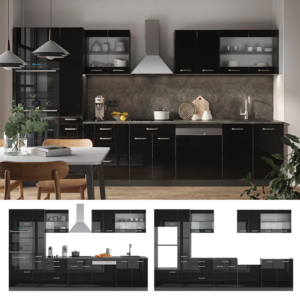 Keukenblok in Hoogglans zwart/antraciet, shown in ambient setting and on white background