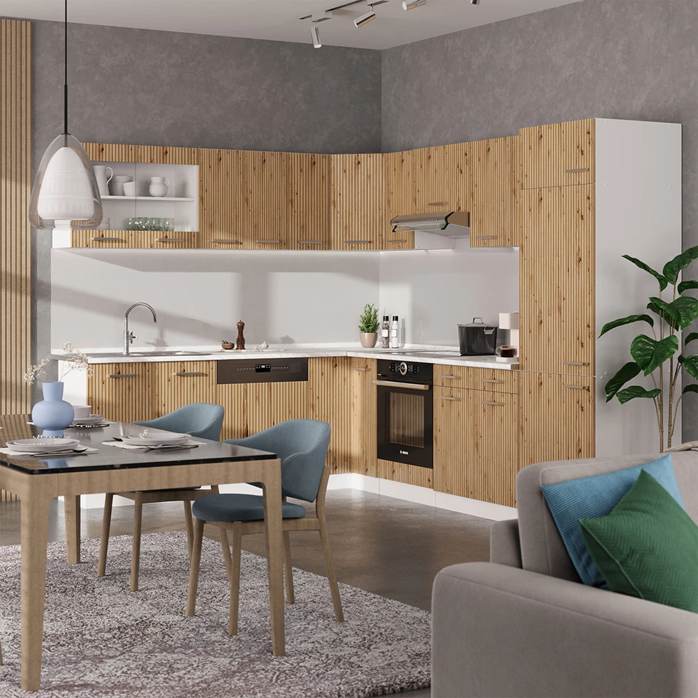 Eckküche in Artisan Eiche/Weiß, dargestellt im Ambiente und auf weißem Hintergrund