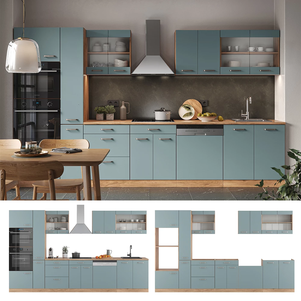 Keuken in Blauw-grijs/gouden eik, shown in ambient setting and on white background