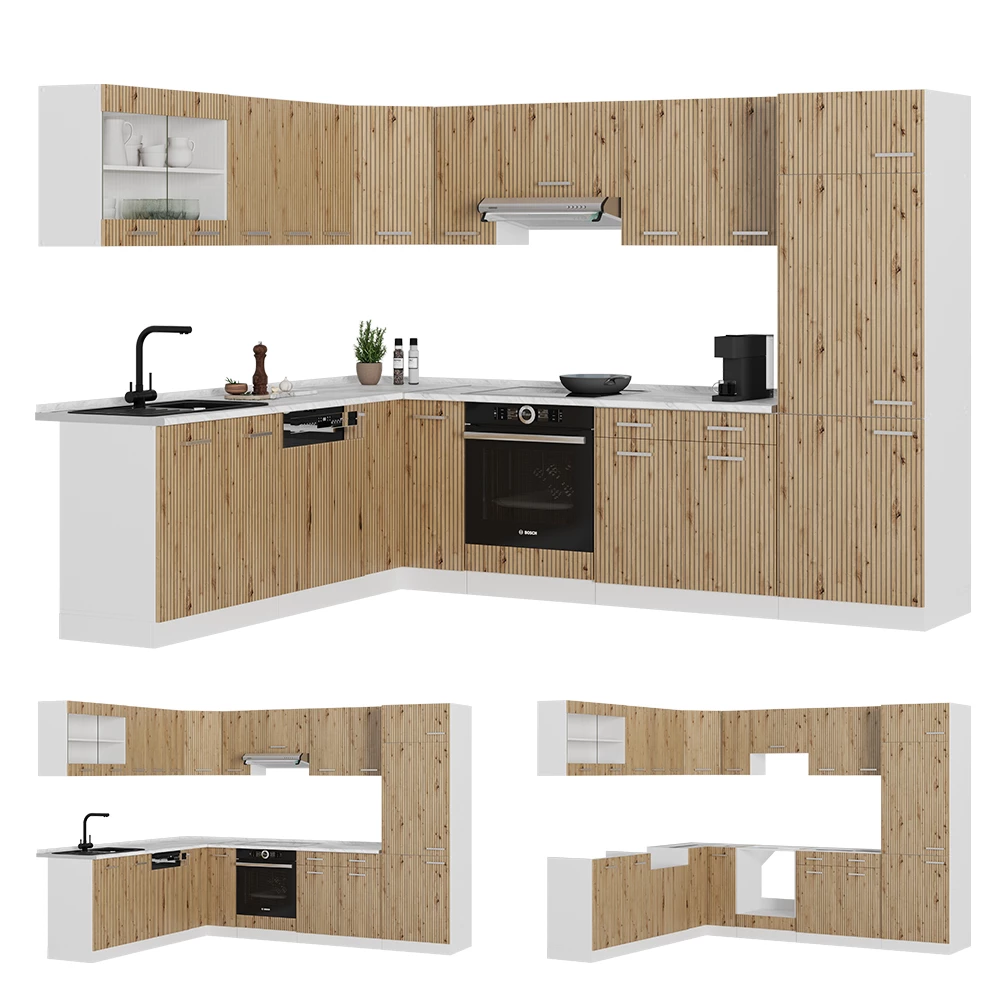Nahaufnahme von Eckküche in Artisan Eiche/Weiß, zeigt Design- und Oberflächendetails