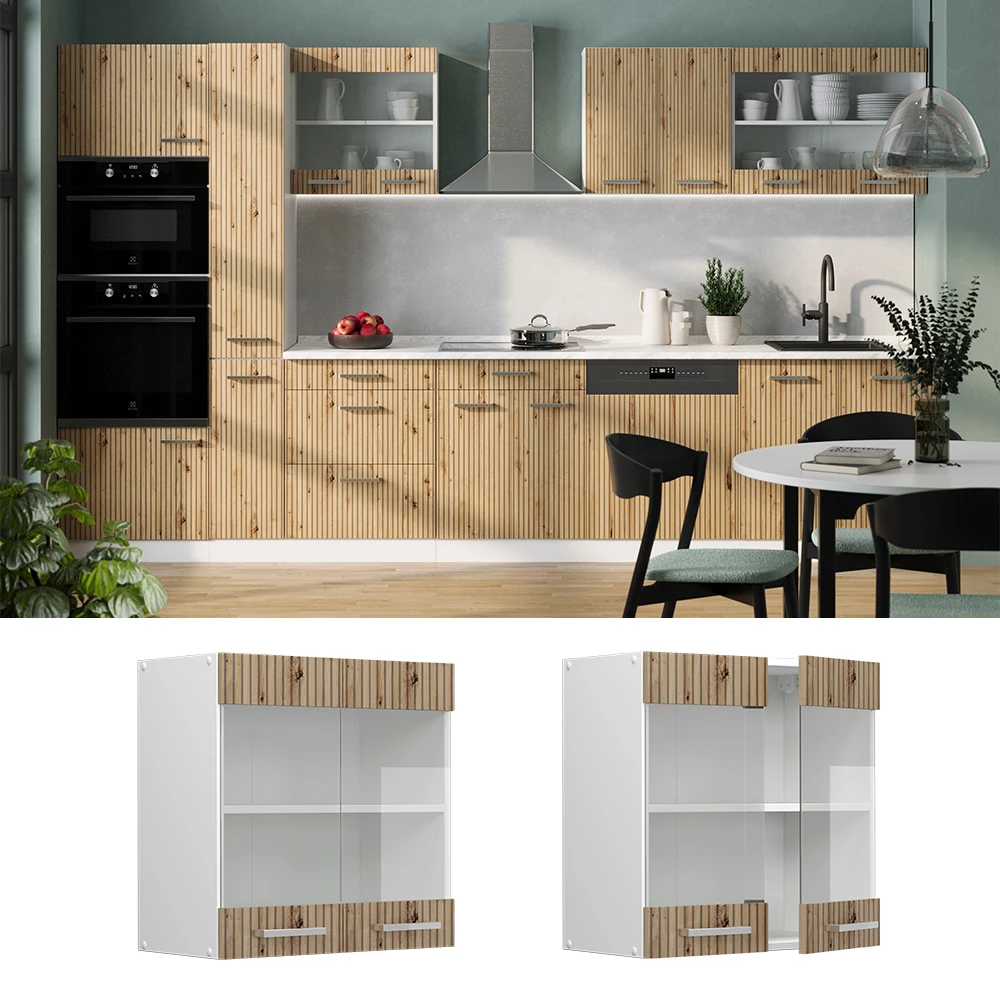 Küchenglasschrank in Artisan-Eiche, dargestellt im Ambiente und auf weißem Hintergrund
