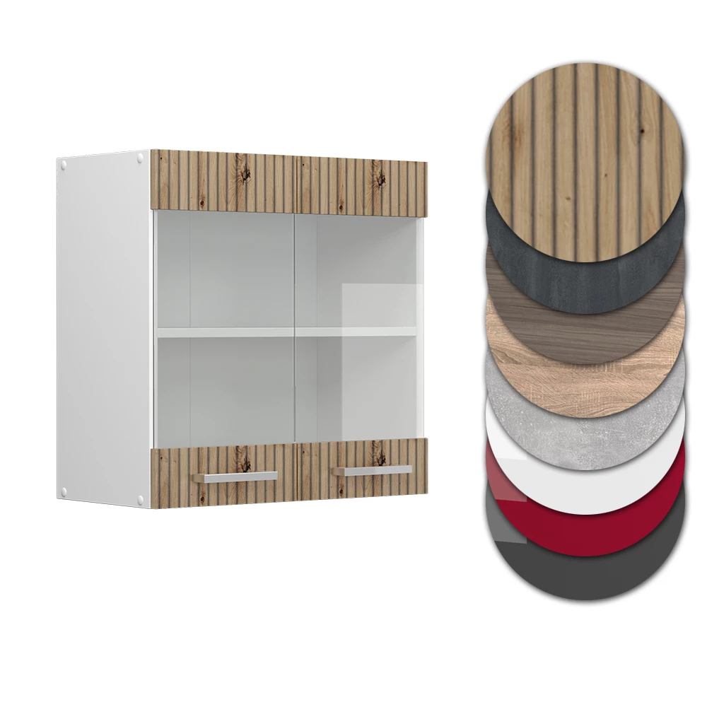 Nahaufnahme von Küchenglasschrank in Artisan-Eiche, zeigt Design- und Oberflächendetails