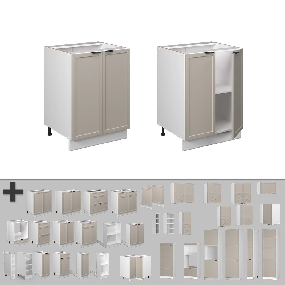Nahaufnahme von Küchenunterschrank in GrauBeige, zeigt Design- und Oberflächendetails