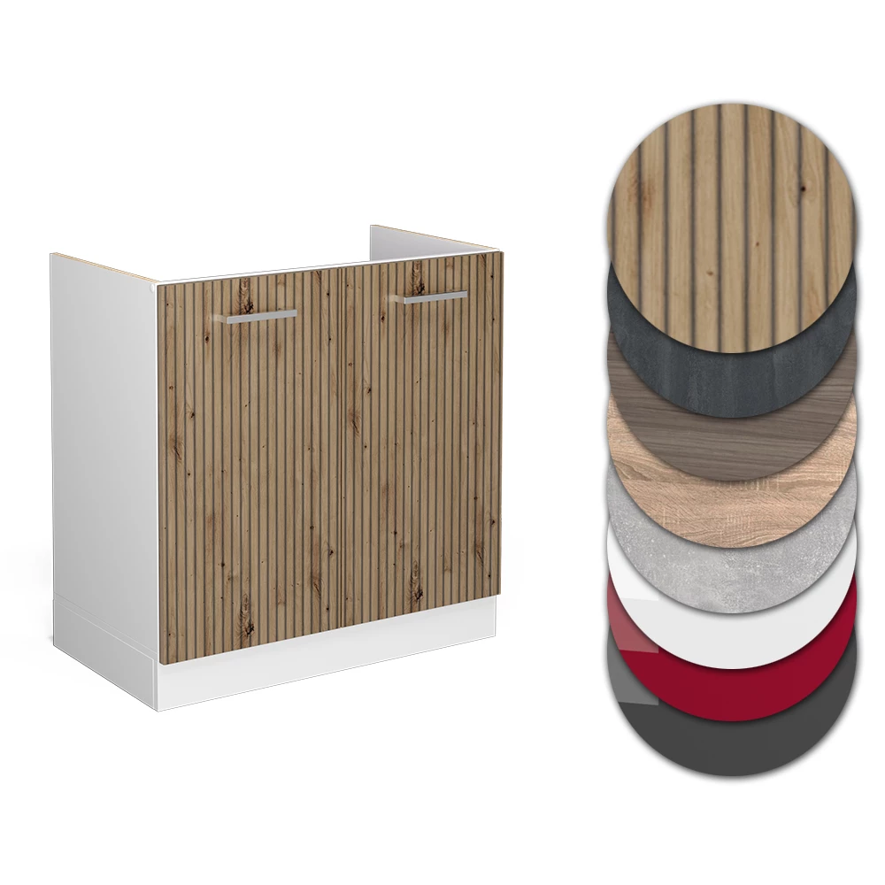 Nahaufnahme von Spülenunterschrank in Artisan-Eiche, zeigt Design- und Oberflächendetails