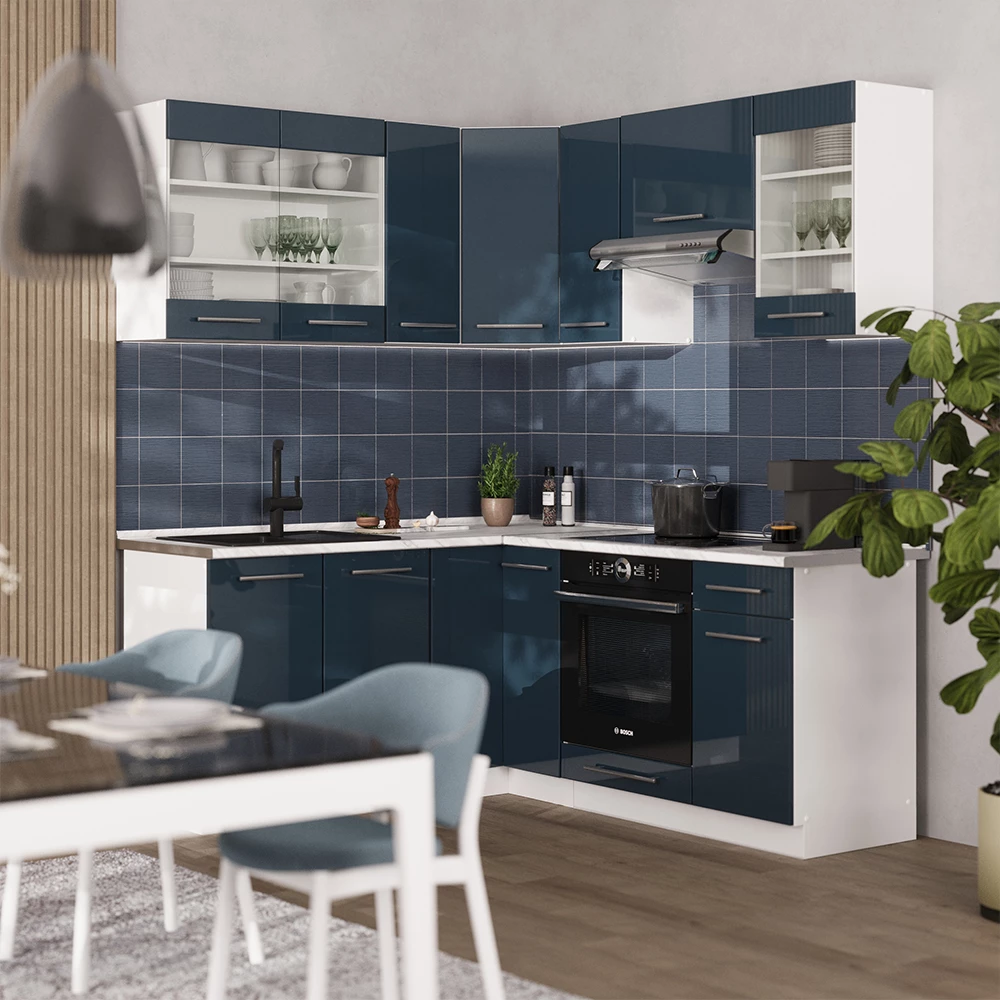Vicco Cozinha de canto Azul escuro alto brilho/branco 160x190 cm, Fame-Line
