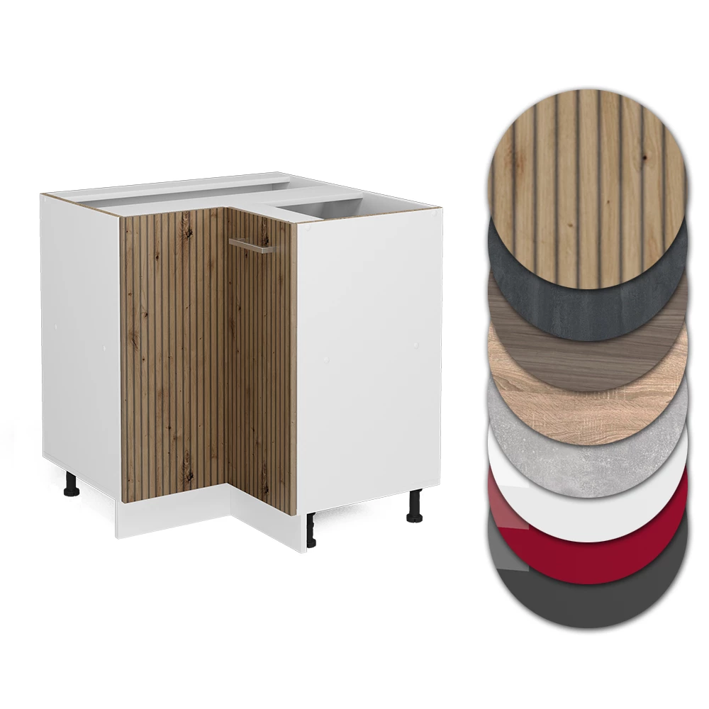 Nahaufnahme von Eckunterschrank in Artisan-Eiche, zeigt Design- und Oberflächendetails