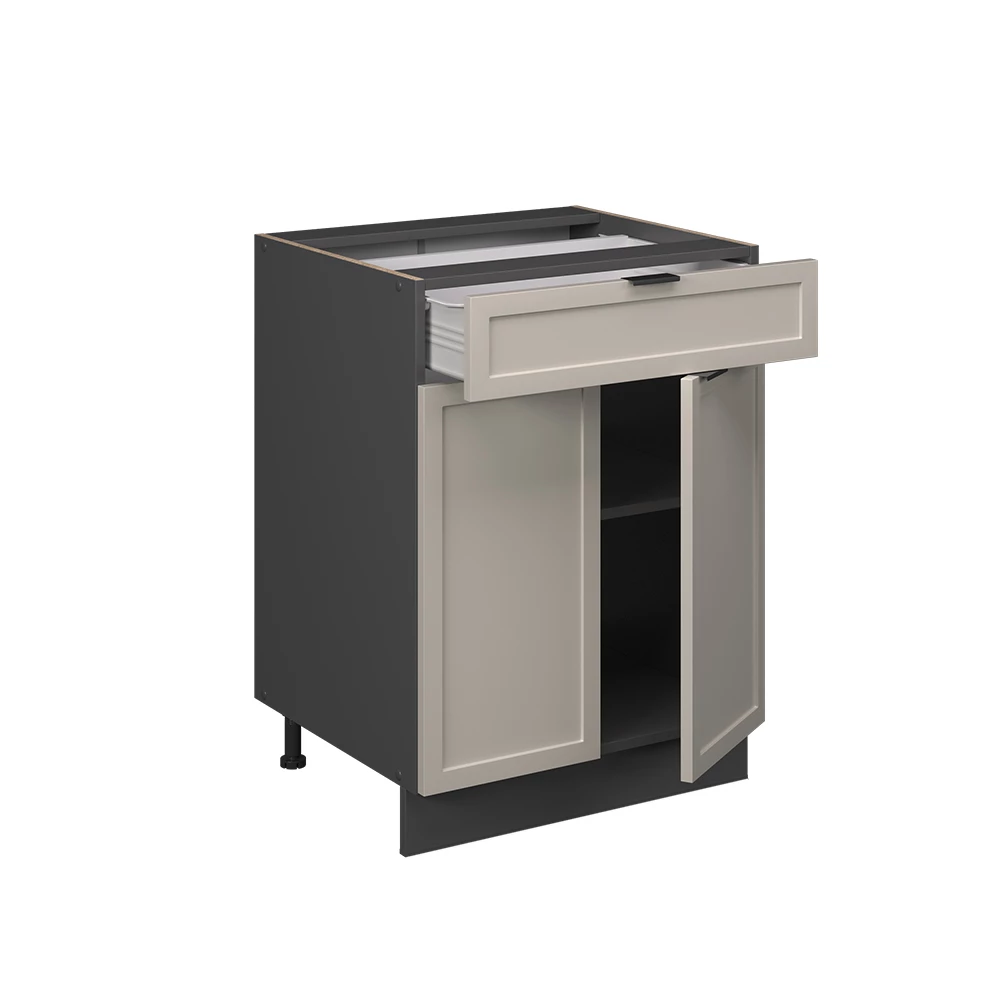 Nahaufnahme von Küchenunterschrank in GrauBeige, zeigt Textur/Details