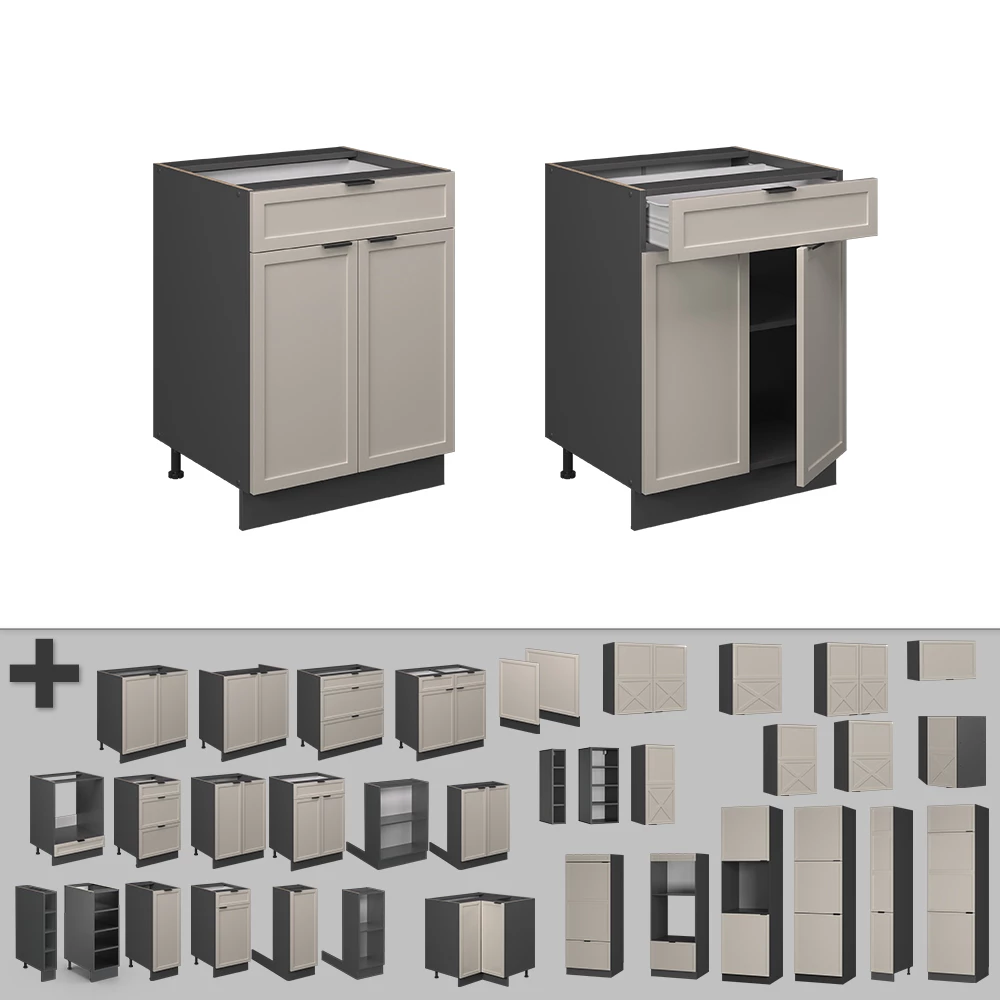 Nahaufnahme von Küchenunterschrank in GrauBeige, zeigt Design- und Oberflächendetails