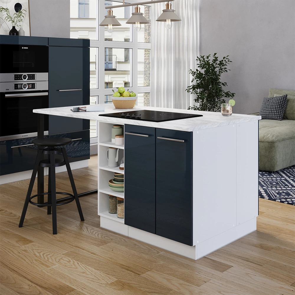 Vicco Isola da cucina Blu scuro lucido/bianco 90 cm senza piano di lavoro, Fame-Line