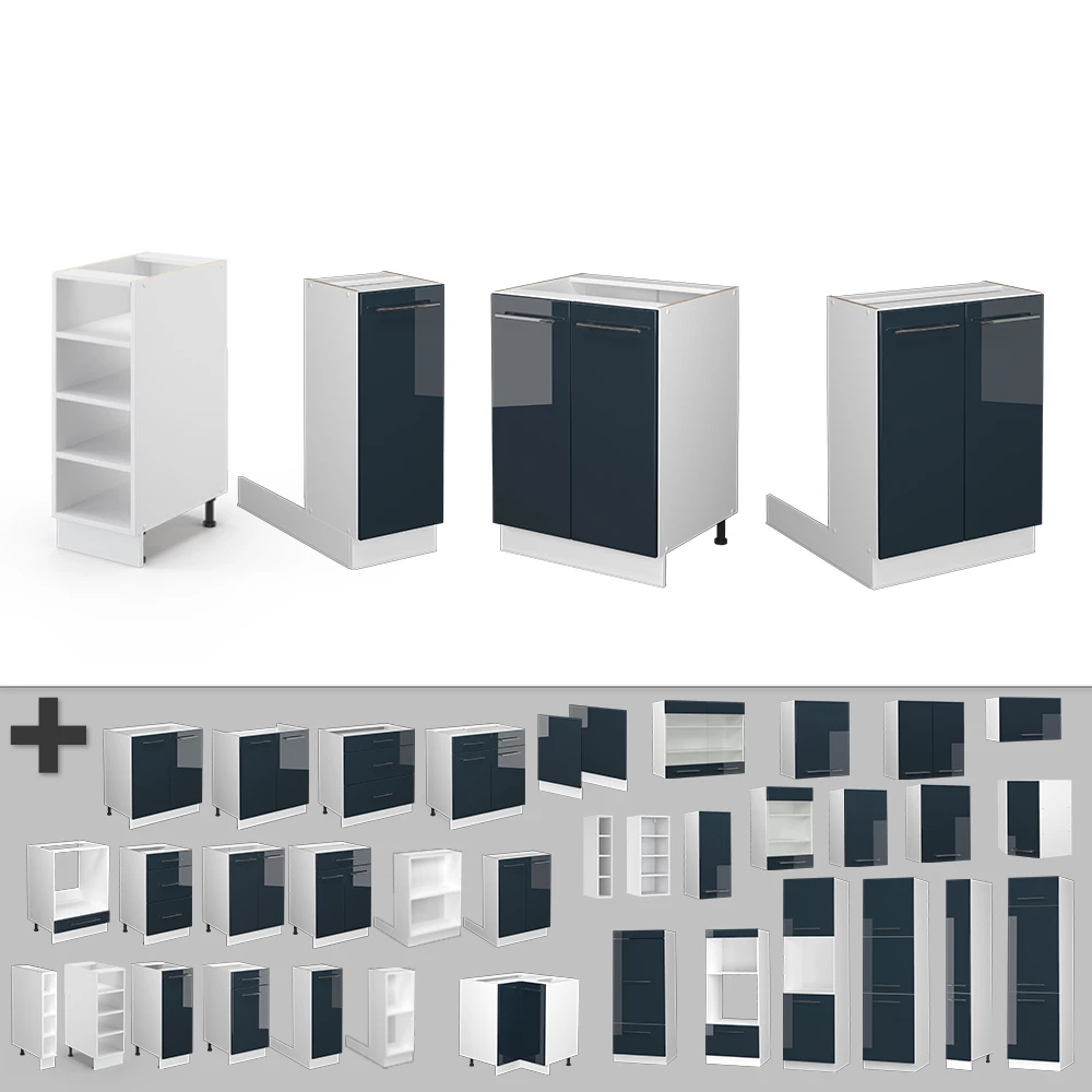 Prikaz izbliza Kücheninsel  u boji Dunkelblau Hochglanz, prikazuje dizajn i površinske detalje