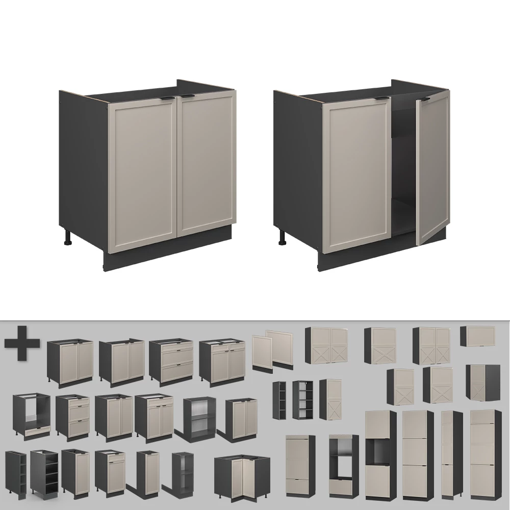 Nahaufnahme von Spülenunterschrank in GrauBeige, zeigt Design- und Oberflächendetails