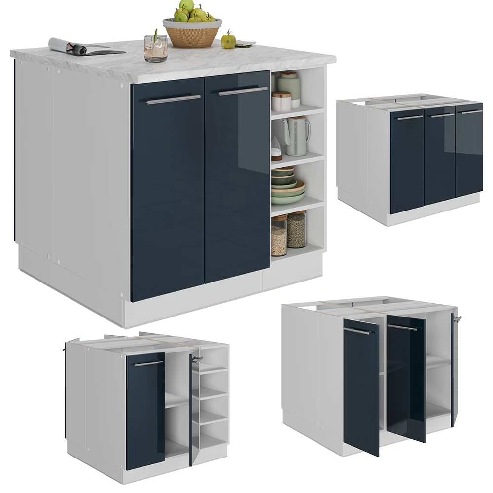 Kücheninsel  u boji Dunkelblau Hochglanz na bijeloj pozadini s dekorativnim elementima