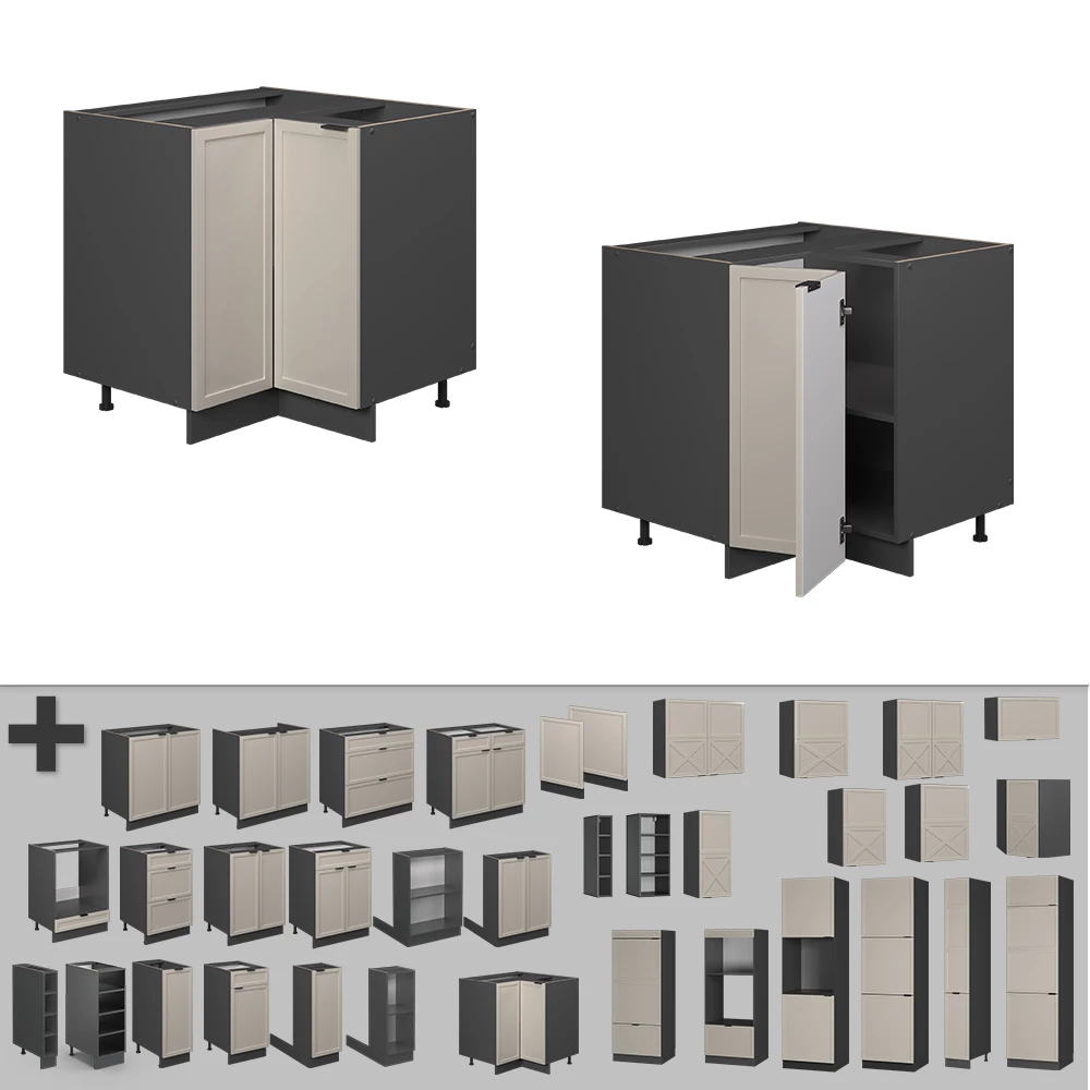 Nahaufnahme von Eckunterschrank in GrauBeige, zeigt Design- und Oberflächendetails