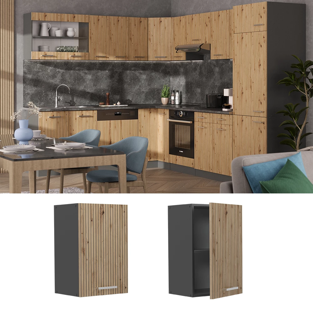 Hängeschrank in Artisan-Eiche, dargestellt im Ambiente und auf weißem Hintergrund