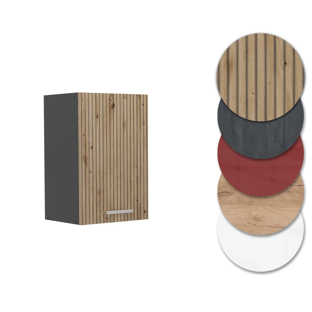 Nahaufnahme von Hängeschrank in Artisan-Eiche, zeigt Design- und Oberflächendetails