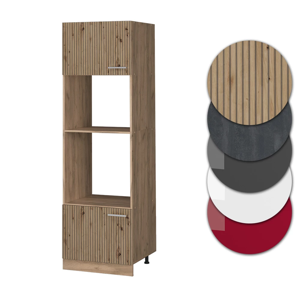 Nahaufnahme von Mikrowellenschrank in Artisan-Eiche, zeigt Design- und Oberflächendetails