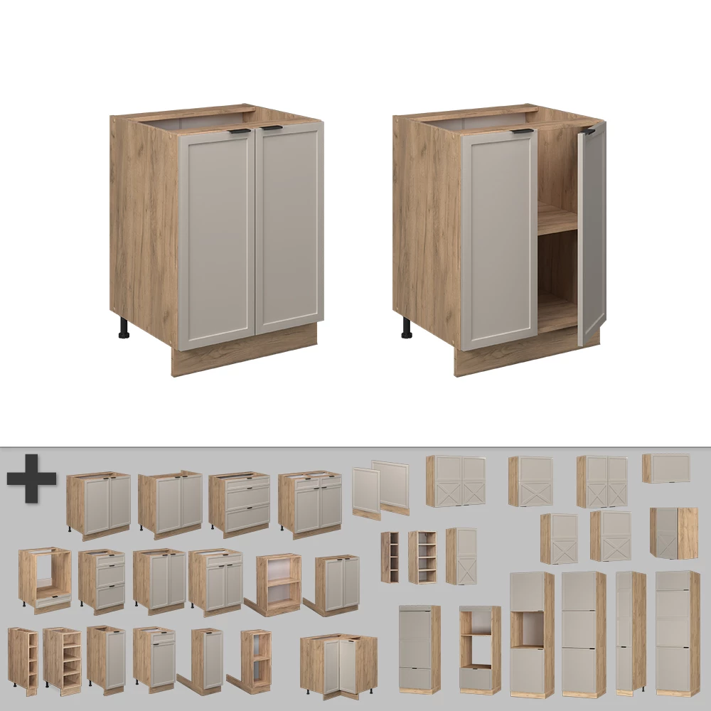 Nahaufnahme von Küchenunterschrank in GrauBeige, zeigt Design- und Oberflächendetails