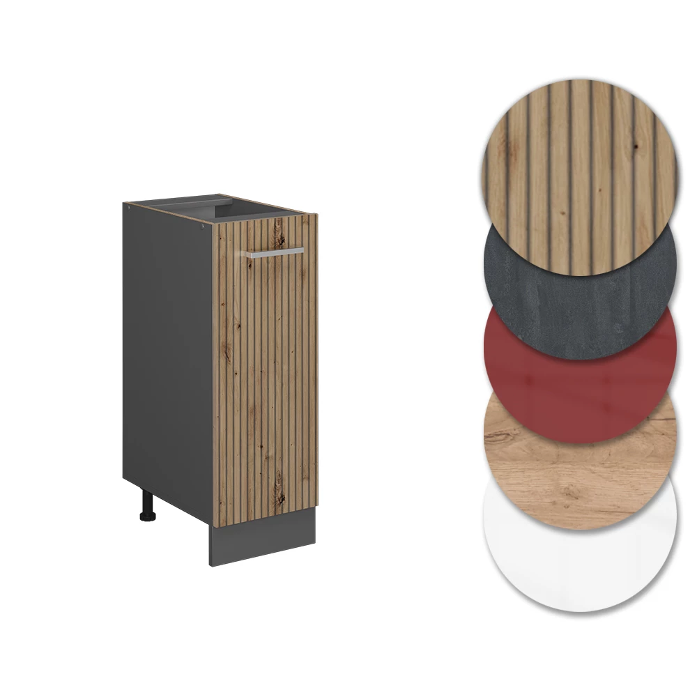 Nahaufnahme von Apothekerunterschrank in Artisan-Eiche, zeigt Design- und Oberflächendetails