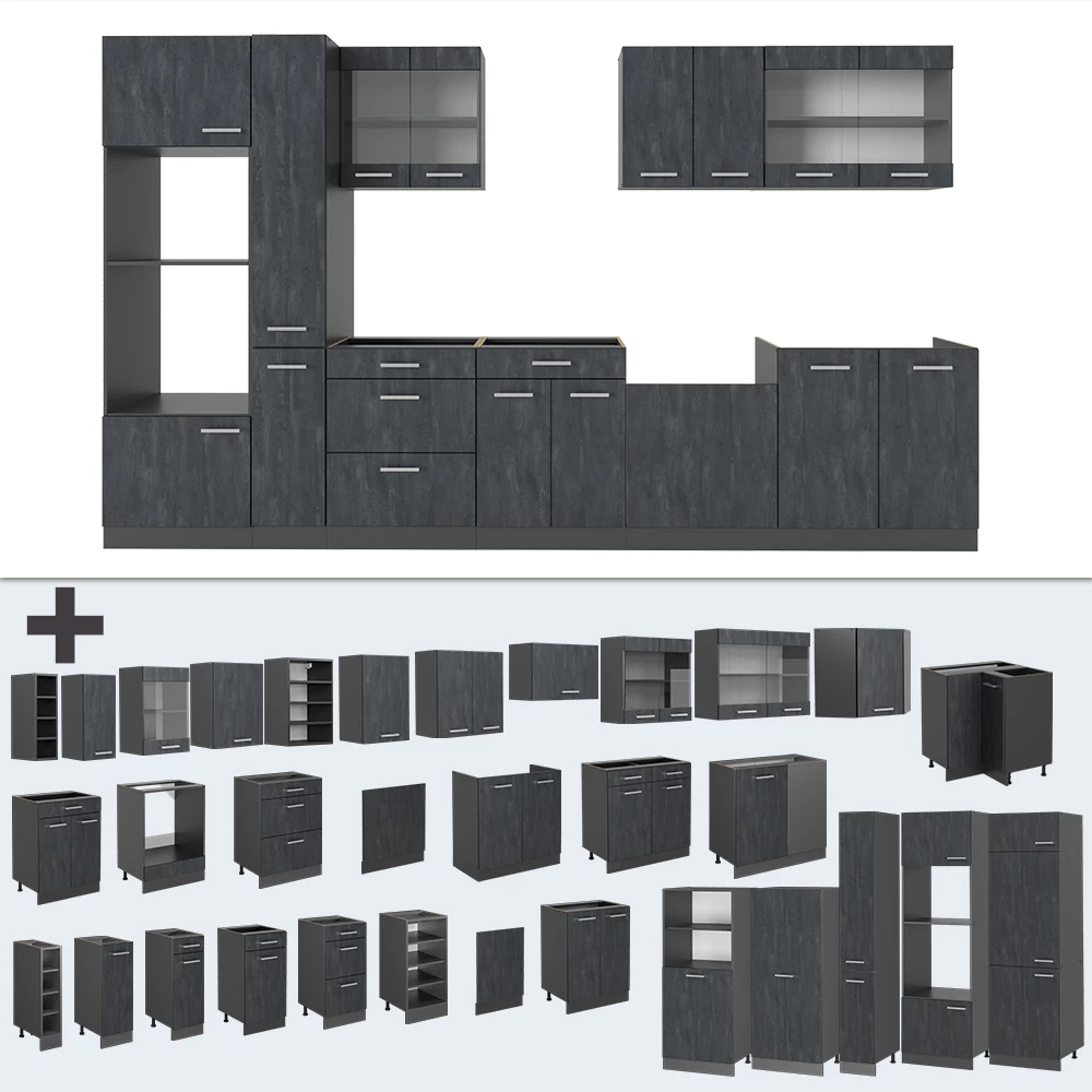 Nahaufnahme von Küchenzeile in Schwarz Beton/Anthrazit, zeigt Design- und Oberflächendetails