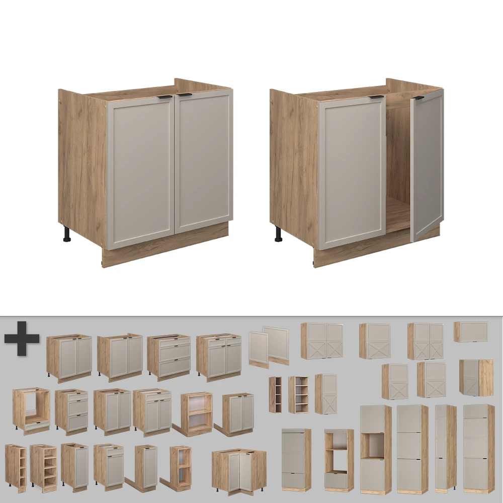 Nahaufnahme von Spülenunterschrank in GrauBeige, zeigt Design- und Oberflächendetails