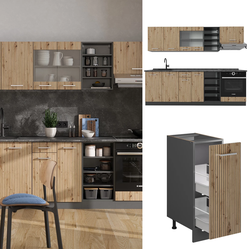 Vicco Cuisine Chêne doré/anthracite 300cm avec armoire haute, PT