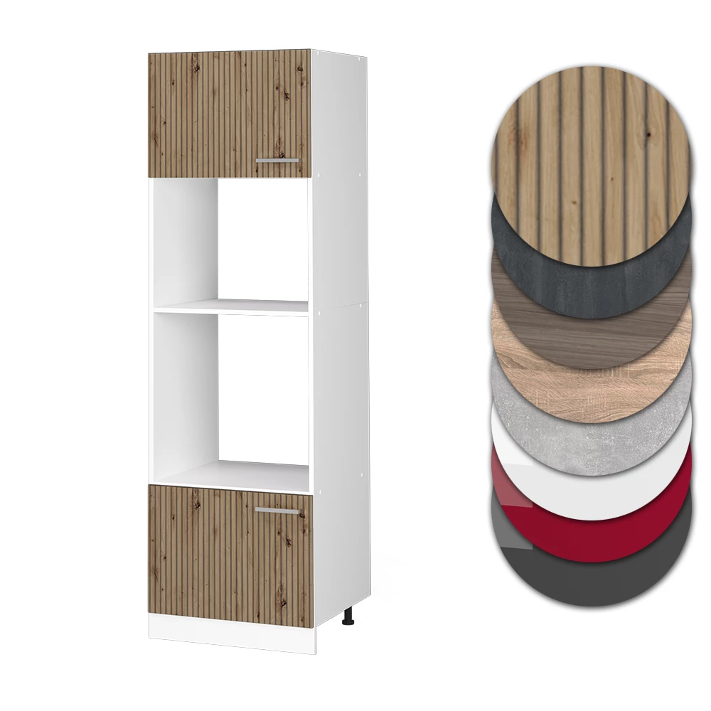 Nahaufnahme von Mikrowellenschrank in Artisan-Eiche, zeigt Design- und Oberflächendetails
